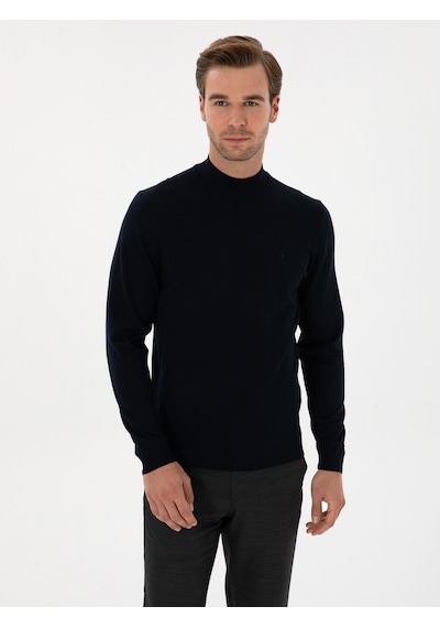 Cacharel Lacivert Slim Fit Yün Karışımlı Yarım Balıkçı Basic Triko Kazak