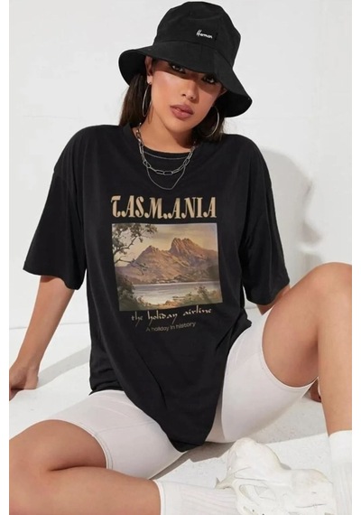 Unisex Tasmania Baskılı Tasarım Tshirt SIYAH