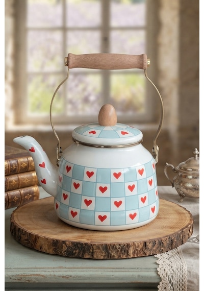 Ahşap Saplı Kampli Emaye Demlik Kettle 2,5 Lt Mavi Alv037