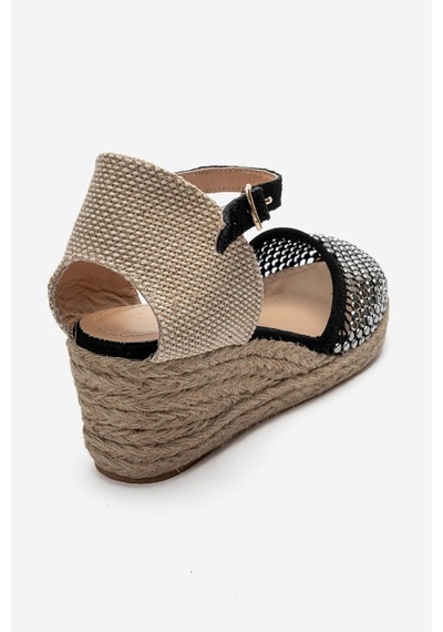 Luvi Shoes Drelıx Siyah Süet Hakiki Deri Taş Detaylı Fileli Kadın Dolgu Topuklu Sandalet