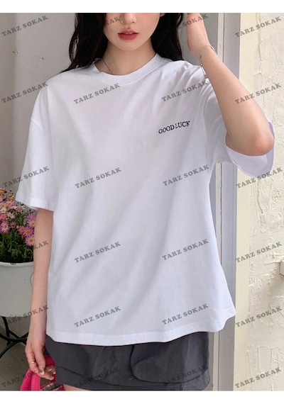 Adrift Good Lucky Baskılı Oversize Kalıp Unisex T-shirt Beyaz