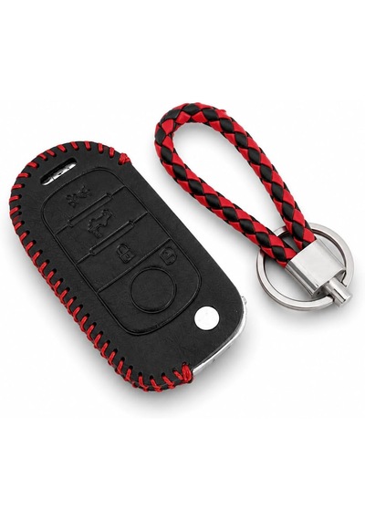 Autohan Keys Egea Uyumlu Deri Anahtar Kılıfı, 3 Buton, Siyah, Kırmızı Örgülü Anahtarlık Dahil