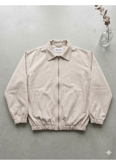 Mero Life Erkek Basic Old Money Fermuarlı Oversize Mevsimlik Polo Yaka Gabardin Kumaş Krem Ceket
