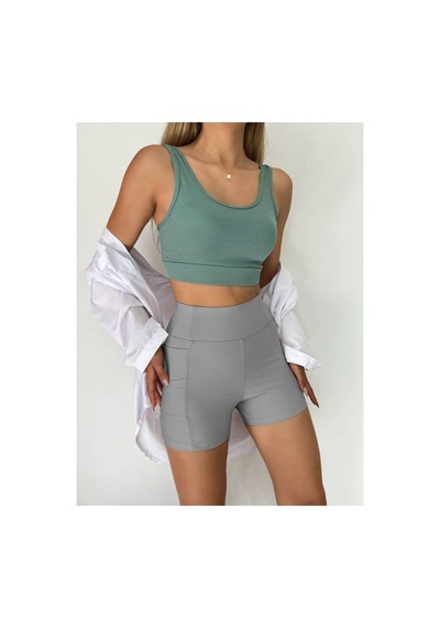 Winmoda34 Boxer Tayt Bisikletci Tayt Şort Tayt Tenis Taytı Yandan Cepli Kısa Tayt GRİ