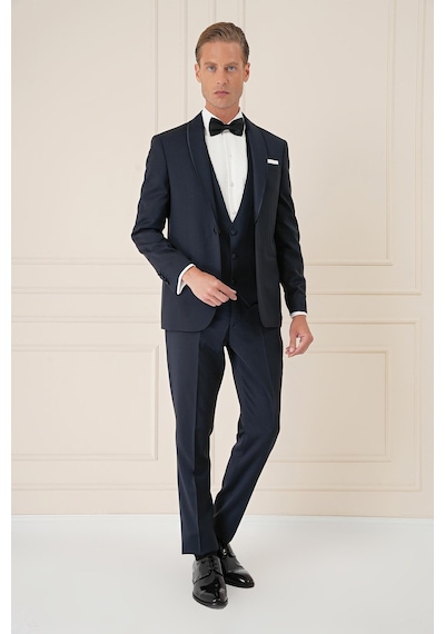 Efor Black 078 Slim Fit Çıkarılabilir Saten Yaka Cerutti Kumaş Yelekli Lacivert Damatlık Smokin Takım Lacivert