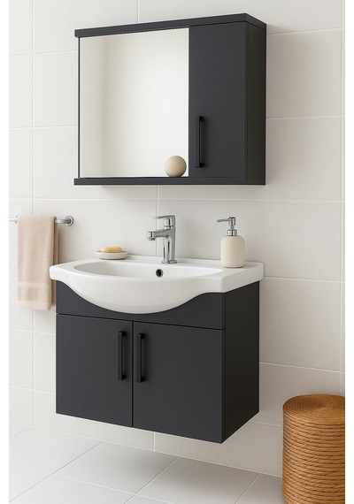 DMZ Home Concept Lacrime 65 Cm Antrasit Renkli Mdf, Oval Seramik Lavabolu, Alt Ve Üst Dolaplı DMZ Home Concept Lacrime 65 Cm Antrasit Renkli Mdf, Oval Seramik Lavabolu, Alt Ve Üst Dolaplı