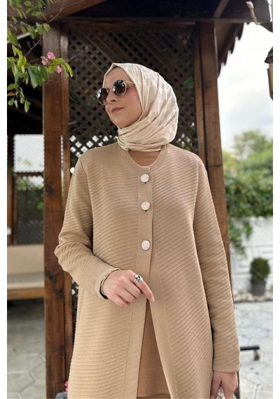 Rabia Şamlı Sinem Çelik Örme Triko Hırka Bej Çok Renkli