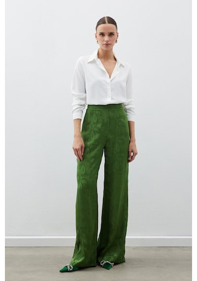 Sateen Jakarlı Salaş Pantolon - Yeşil