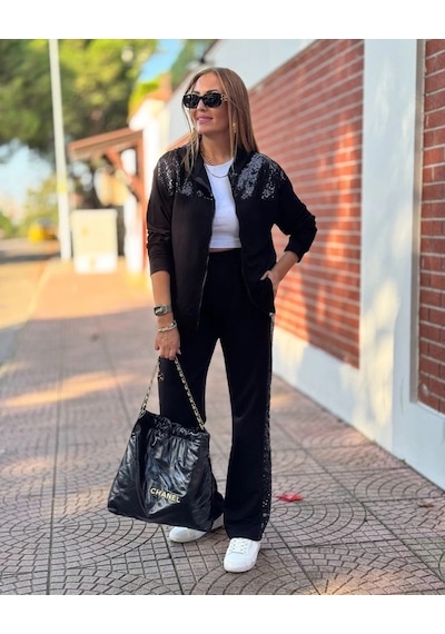 Defymoda Kadın Iki Iplik Kumaş Pul Ve Fermuar Detaylı Ikili Takım Siyah
