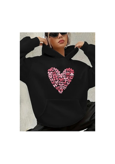 Herkesemoda Kalp Fiyonk Baskılı İçi Polarlı Kapüşonlu Sweatshirt Siyah