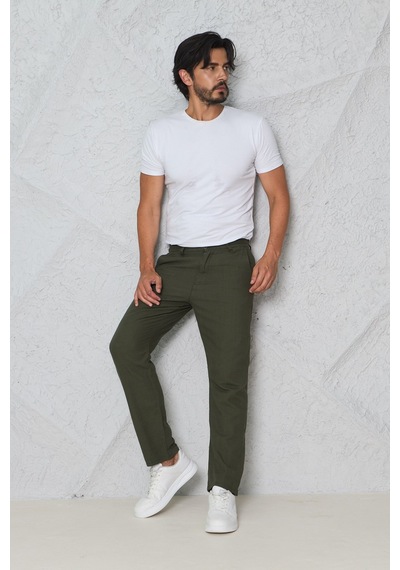 Blayn Jeans Erkek Fileto Cepli Yazlık Keten Pantolon Haki Yeşil