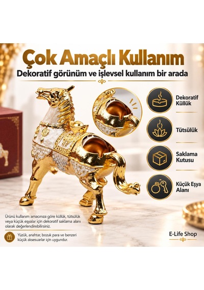 Lüks Alaşım Metal At Figürlü Kapaklı Dekoratif Küllük Ve Takı Saklama Kutusu Metal Biblo 25 X 20 Cm