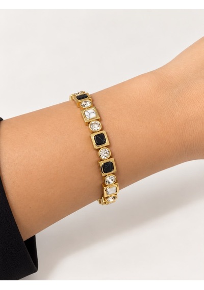Les Petites Mains Siyah Beyaz Mermer Desenli Zirkon Taşlı Gold Lastikli Bileklik Gümüş