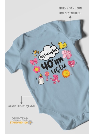 Morivokids Uçtu Uçtu 40'ım Uçtu Kısa Kollu Bebek Body %100 Pamuk Bebe Mavisi