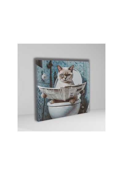 Tekli Kare Kanvas Banyo Tablosu Gazete Okuyan Beyaz British Shorthair Kanvas Çok Renkli Çerçevesiz
