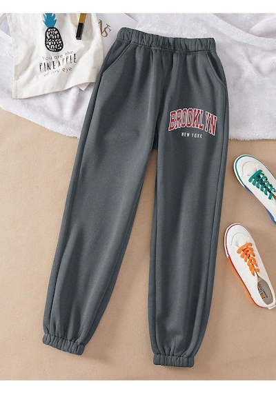 Brooklyn Eşofman Altı Jogger - Füme Baskılı Lastik Paça Yüksel Bel Füme