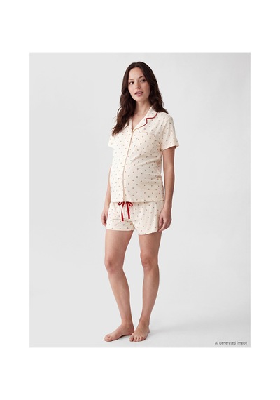 Lcw Dream Ekru Gömlek Yaka Baskılı Hamile Şortlu Pijama Takımı