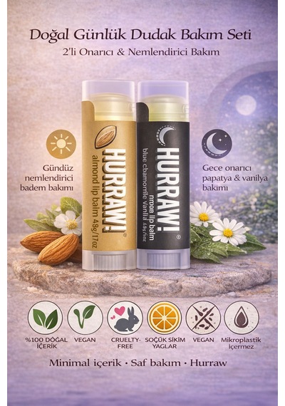 Hurraw Almond & Moon Dudak Balmı 2 Li Set %100 Doğal, Vegan, Gece & Günlük Bakım