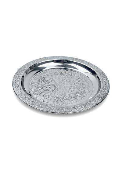 Binbir Trend 18 Cm İşlemeli Kenarlı Otantik Desenli Krom Çelik Meze Ve Servis Tabağı 1 Adet Gümüş