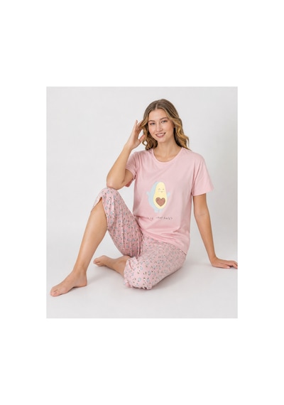 Pijamask Kadın Pudra Pembe Avokado Desenli Kapri Pijama Takımı Kısa Kollu Bisiklet Yaka Rahat Ev Giyim P100-898 Pudra