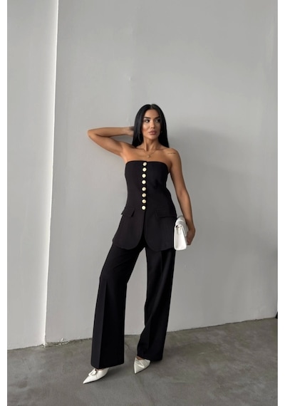 Defymoda Tasarım Gold Düğmeli Strablezyelek - Siyah Siyah