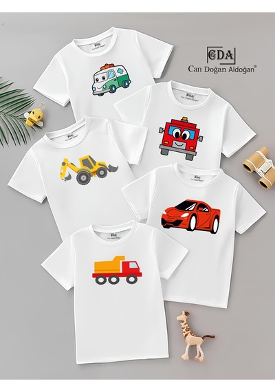 Cda Arabalar Çeşit 5li Çocuk Tshirt Beyaz