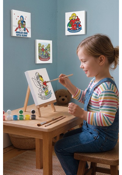 Çocuklar İçin En Tatlı Annem Boyama Tuvali Şövaleli Boya Seti 20x20 Cm
