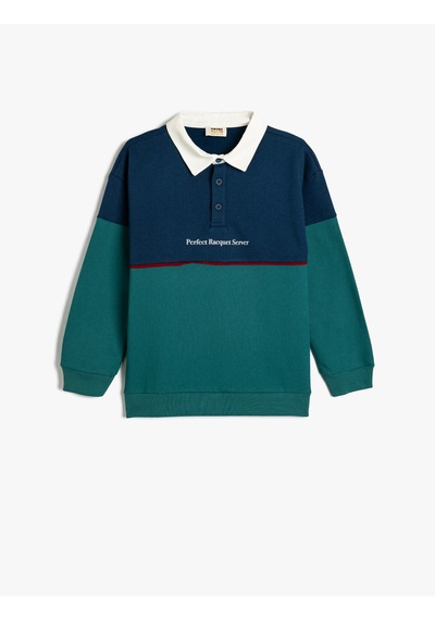 Koton Oversize Sweatshirt Polo Yaka Baskı Detaylı Düğmeli Uzun Kollu Yeşil 5wkb10382tk Yeşil