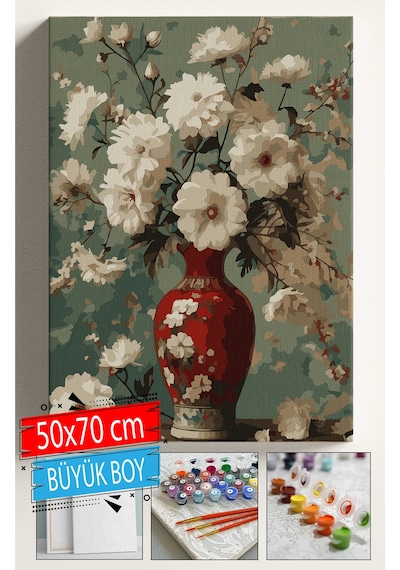 Sayılarla Boyama Seti Numaralı Tuval Fırça Boya Dahil Kasnaklı Set 50x70 Cm - Kırmızı Vazo