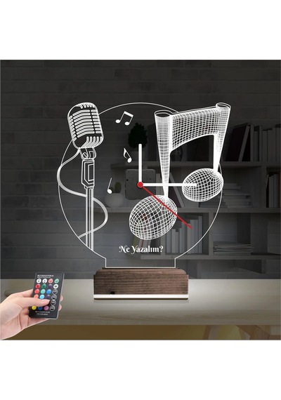 Luvivia Müzik Nota Mikrofon Kişiye Özel Saatli 3d Lamba - Masa Gece Lambası Şeffaf