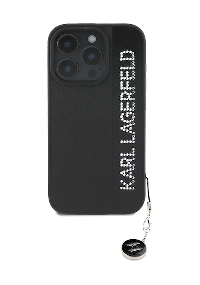 Apple Uyumlu iPhone  16 Pro Max Kılıf Karl Lagerfeld Lisanslı Anahtarlık Taşlı Kl Yazılı Saffiano Rhinestone Siyah