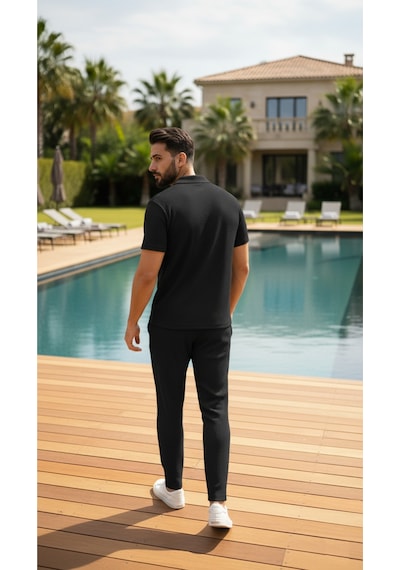 Fifty Color Unisex Trend Bürümcük Krinkıl Kumaş Yazlık Likralı Kısa Kol Tişört Eşofman Takım Siyah