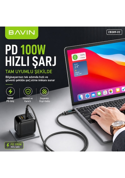 100w Type-c Led Ekranlı, Hızlı Şarj Ve Data Kablosu Örgülü Tüm Cihazlarla Uyumlu