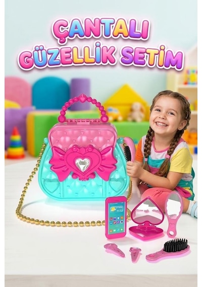 Fiyonklu Ve Zincirli Oyuncak Kol Çantası - Aynalı Ve Telefonlu Güzellik Ve Takı Seti
