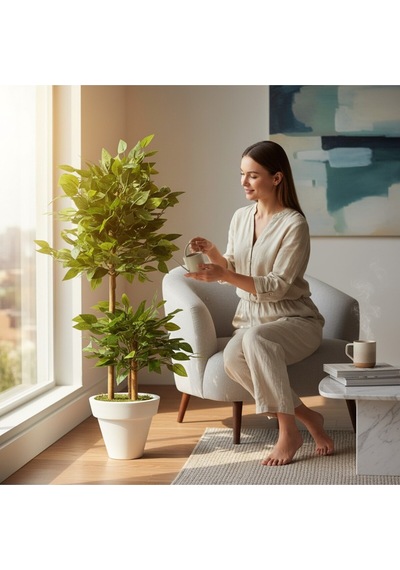 Yapay Çiçek Beyaz Saksıda Benjamin Salon Balkon Ev Ağacı Yeşil Bitkisi Bambu Gövdeli Dolgun Yeşil