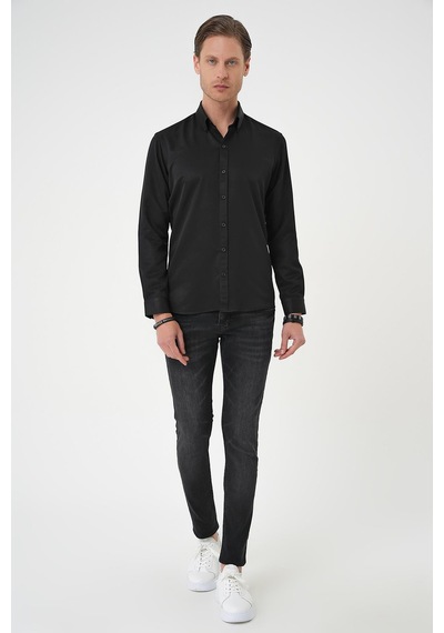 Efor Slim Fit Düğmeli Yaka Pamuklu Klasik Siyah Gömlek Gk 736 Siyah