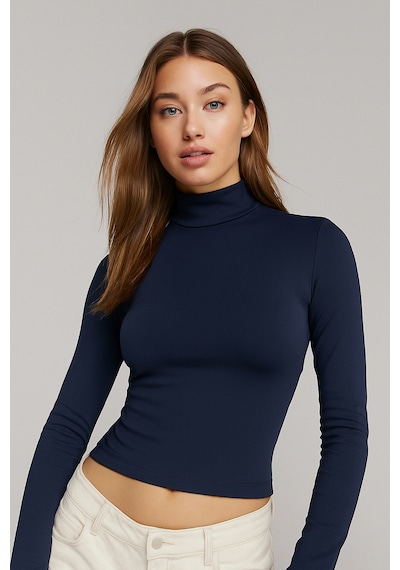 Rich Kadın Lacivert Yarım Balıkçı Yaka Uzun Kollu Crop Bluz Lacivert