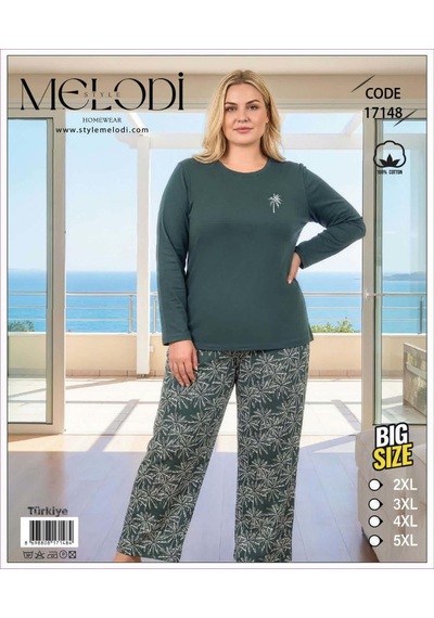 Melodi Kadın Büyük Beden %100 Pamuk Bisiklet Yaka Uzun Kollu Baharlık Pijama Takımı 17148 - 1 Adet Petrol
