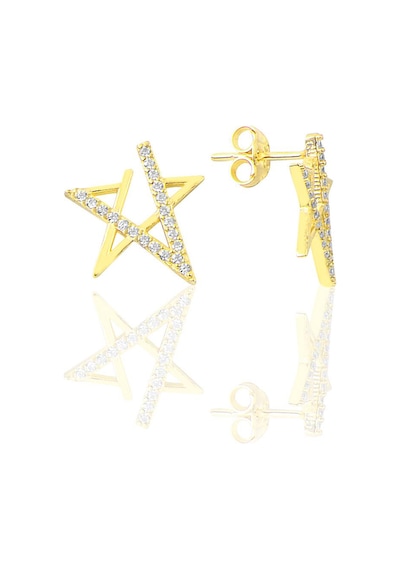 Gümüş Altın Yaldızlı Zirkon Taşlı Yıldız Küpe Barcode Gold - Rose Gold - Rodyum