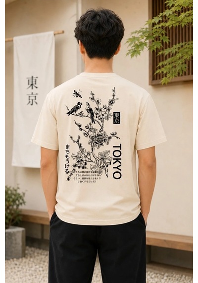Tarzyeri Erkek Ön Ve Arka Tokyo Kuş Çiçek Baskılı Oversize T-shirt - Ekru