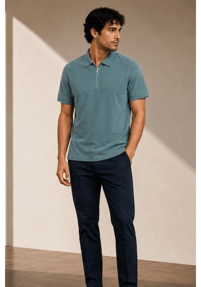 Alexandergardi Kısa Kollu Fermuarlı Polo Yaka T-shirt İndigo