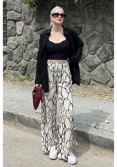 Madmext Ekru Desenli Beli Lastikli Bol Paça Pantolon Mg2051-ekru Ekru