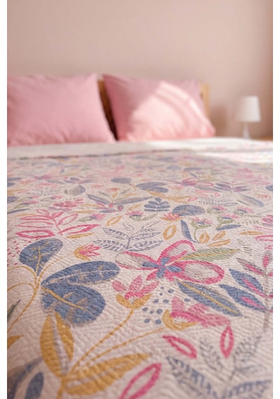 Pembe Kır Bahçesi Desenli Çift Kişilik Baskılı Pike & Yatak Örtüsü 200x230 Cm