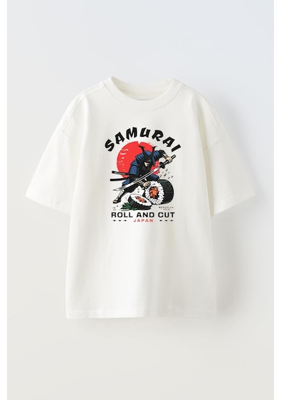 Thewert Unisex Samurai Cutting Sushi Tasarım Baskılı Pamuk Beyaz Oversize T-shirt