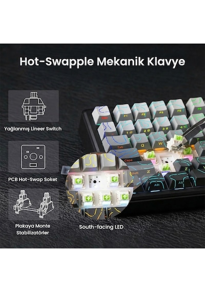 Aula F75 Max Mekanik Rgb Tkl Reaper Switch Kablosuz Makrolu Hot Swap Klavye Desenli Siyah