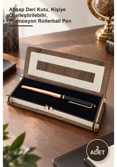 2 Adet Deri Kutulu Bakır Roller Kalem Ahşap Deri Kutu, Kişiye Özelleştirilebilir, Promosyon Rollerball Pen 1