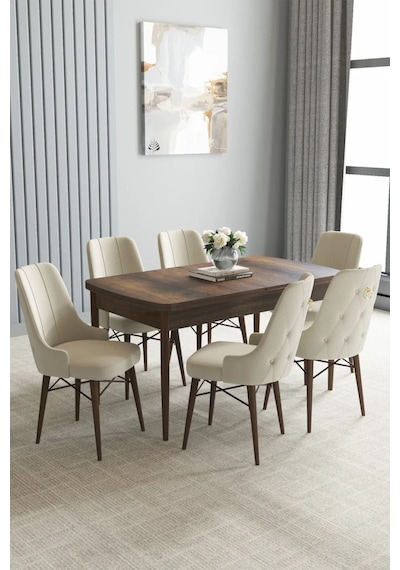 Zümra Serisi, Barok Ahşap Desen 80x132 Açılabilir Mdf Mutfak Masası Takımı 6 Adet Sandalye, Krem