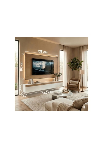 Purelıne Ledli Duvar Tv Ünitesi 140 Cm Meşe Beyaz Beyaz-meşe 140 Cm