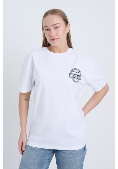 Kadın Oversize Baskılı T-shirt Beyaz Vintage Logo Beyaz