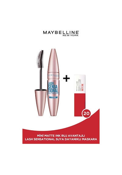 Maybelline New York Lash Sensational Yelpaze Etkili Suya Dayanıklı Maskara Siyah + Mini Likit Mat Ruj 20 Pioneer